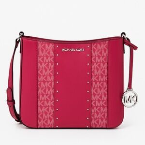 MICHAEL KORS Studded‎ Logo Crossbody Bag Red MK Signature Silver Hardware|NWT